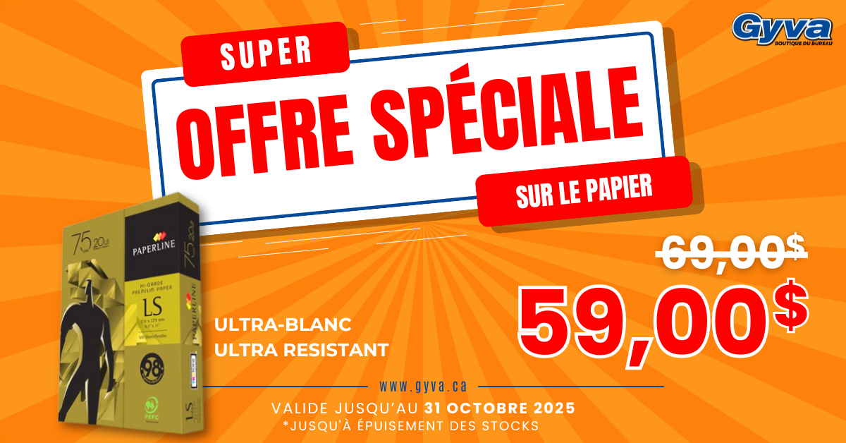 promo sur les caisses de papier ultra blanc paperline premium 59$ 